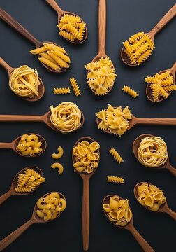 Culinary Composition of Various Dried Pasta in Wooden Spoons Dark Background