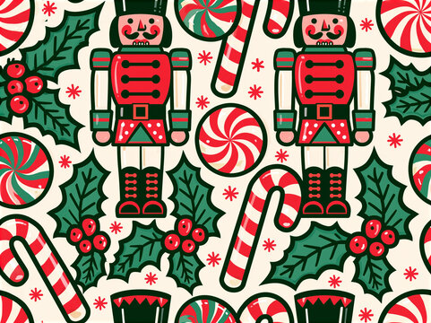 Motif r&eacute;p&eacute;titif de friandises de No&euml;l vintage : biscuits casse-noisettes, sucres d'orge, menthes et houx sur fond beige