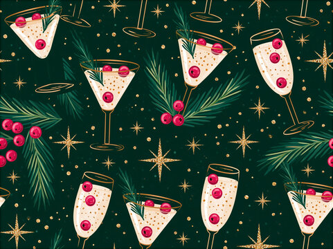 Motif r&eacute;p&eacute;titif festif du Nouvel An vintage : fl&ucirc;tes de champagne, cocktails, romarin, houx et &eacute;toiles dor&eacute;es sur fond vert