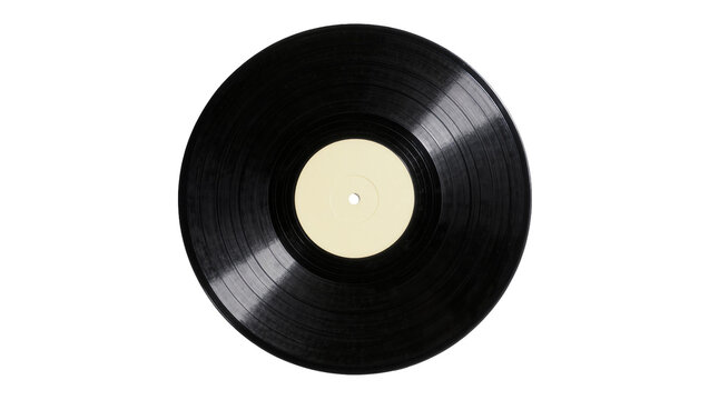 Black vinyl record with cream label, isolated on transparent background