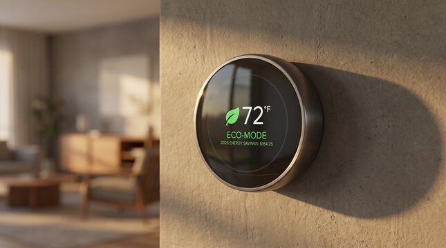 Modern smart home thermostat with eco-mode on a beige wall in a blurred contemporary living room