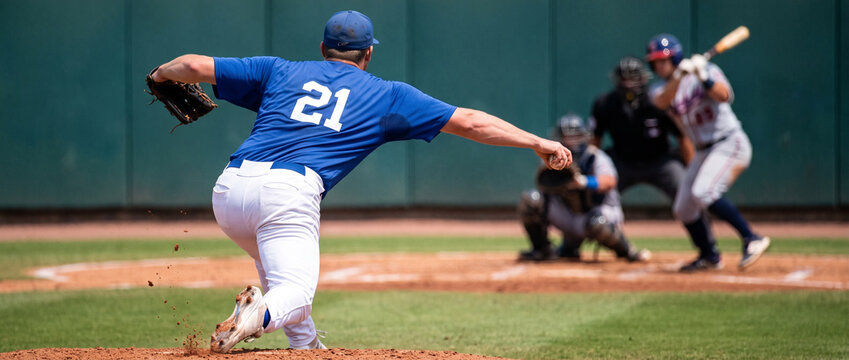 Pitcher throws toward batter and catcher during live baseball game. Concept of competition, strategy, teamwork and professional sport.