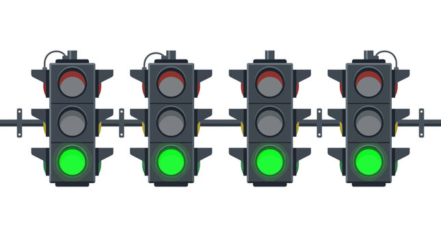 Four identical traffic lights showing green signals on a white background, indicating clear passage.