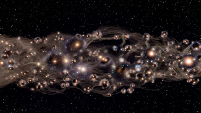 Cosmic journey through space showcasing a bright star emitting energy waves, transitioning to a swirling galaxy filled with luminous celestial bodies and cosmic dust