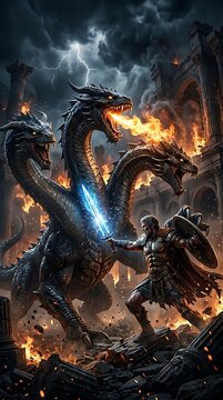 Warrior fighting a three headed fire breathing dragon