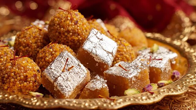 Assorted traditional Indian sweets kaju katli and motichoor laddu on an ornate golden plate for festive celebrations