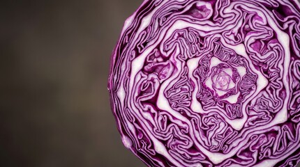 Obraz premium Vibrant Close-Up Of A Sliced Red Cabbage Revealing Intricate Purple And White Patterns