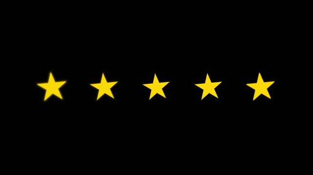 Five glowing yellow rating stars pulsing and flashing on a black background