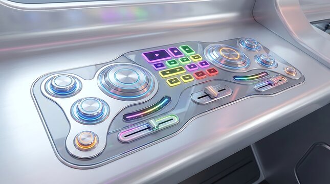 Futuristic hightech control panel with glowing buttons and sliders
