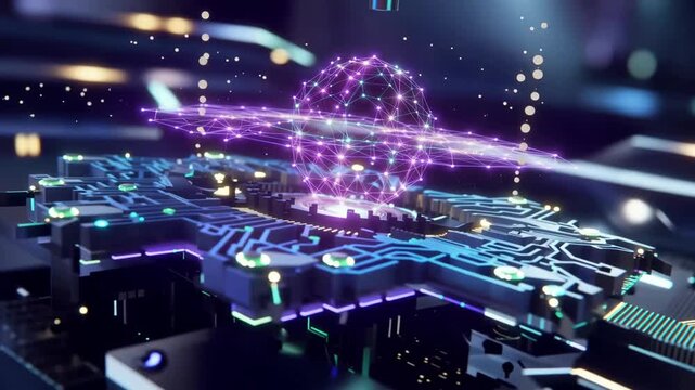 Futuristic digital circuit board with glowing blue and purple lights, showcasing a holographic sphere and interconnected nodes in a high-tech environment