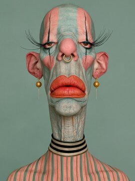 Surreal clown character with exaggerated features.