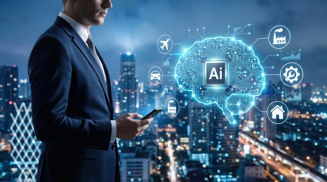 Businessman using smartphone with artificial intelligence hologram over city skyline