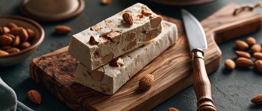 Artisan almond turron stacked on an olive wood board evokes festive indulgence and Mediterranean confectionery heritage. Perfect for holiday food, gourmet gifting, and cultural cuisine.