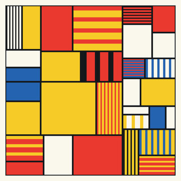 Geometric composition featuring vibrant primary blocks and linear patterns for art print