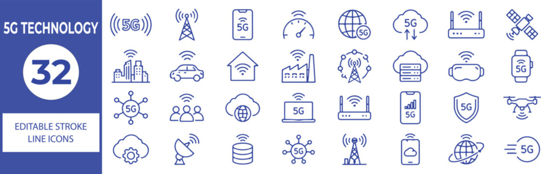 32 5G Technology Vector Outline Icons Set,Wireless Network, Smartphone, IoT, Cloud, Router, Satellite and Connectivity Line Symbols