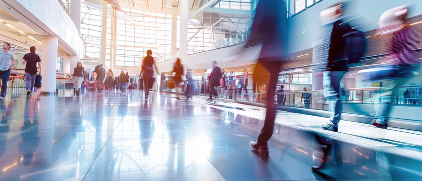 Wide angle view of people walking through a modern transport terminal with glass architecture, motion blur and busy public space atmosphere during daytime.