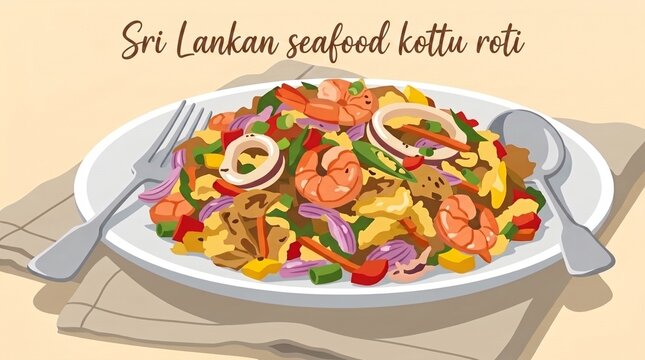 Sri Lankan Seafood Kottu Roti Flat Vector Illustration with Prawns Squid Egg and Vegetables