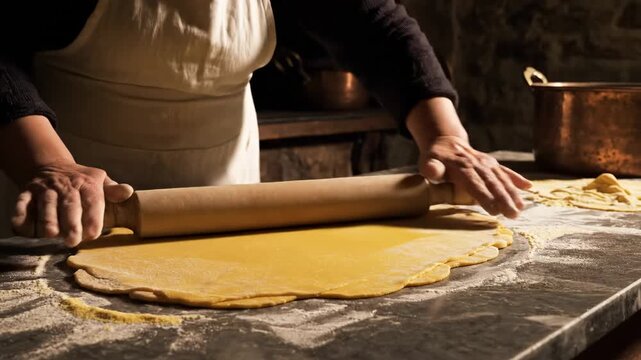 Baker rolling out fresh dough with a wooden rolling pin on a floured stone countertop for pastry preparation