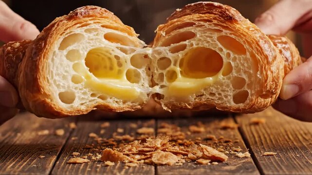 Hands pulling apart a freshly baked flaky croissant revealing soft textured layers and warm golden crumbs