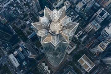 Naklejka na ściany i meble Stunning aerial view of a modern skyscraper with a helipad on top, showcasing its unique star-shaped architectural design amidst a bustling city landscape