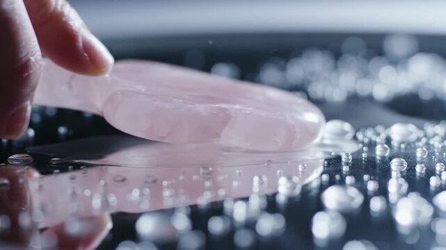 Close-up of a pink quartz gua sha tool lifting from a reflective wet surface with scattered water drops, spa skincare routine