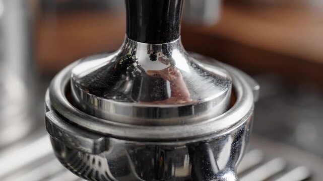 Barista tamping freshly ground coffee in a stainless steel portafilter for espresso preparation, closeup process
