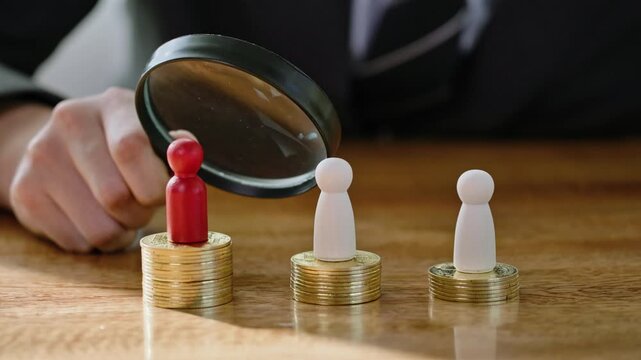 Magnifying glass selecting a red wooden figure among white figures, HR evaluation concept