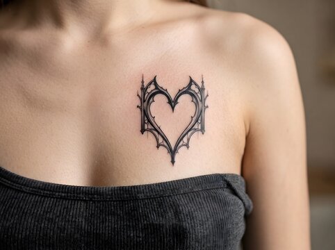 Woman with Gothic Heart Tattoo on Chest - Close-Up Photograph