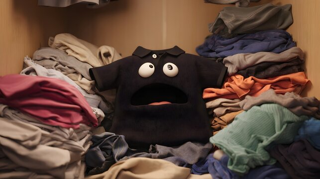 A black polo shirt character with wide eyes and an open mouth sits inside a closet surrounded by neat piles of colorful folded laundry.