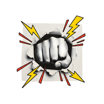 Fist punching through paper style illustration featuring vibrant yellow lightning bolt shapes and sharp red speed lines isolated as a graphic element on transparent background