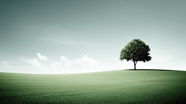 A single lush tree stands atop rolling green hills under a vast dramatic sky. Sunlight and soft clouds accentuate the tranquil, photorealistic landscape.