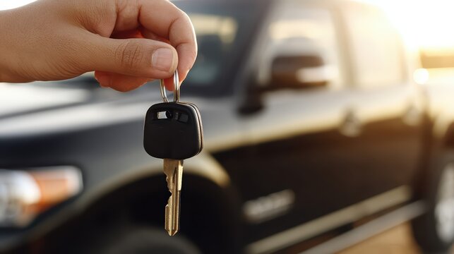 A car key is presented in an open palm against a blurred modern vehicle reflecting sunlight. Shallow depth of field emphasizes the key, highlighting automotive lifestyle.