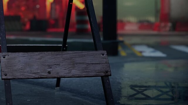 A worn wooden sign stands alone on a wet street in a bustling city. Bright lights and colorful reflections create an energetic atmosphere during a rainy evening.