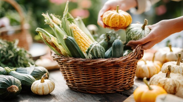 A rustic wicker basket brimming with fresh zucchini, corn, and decorative pumpkins. This vibrant scene captures a bountiful harvest of autumn vegetables outdoors.