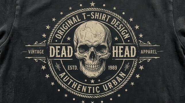 Vintage Skull T-Shirt Design with Dead Head Text and Urban Apparel Graphics on Black Fabric Texture