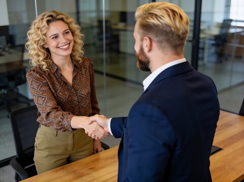 Profesionales de negocios d&aacute;ndose la mano durante un acuerdo comercial exitoso en una oficina moderna. Mujer y hombre en entrevista de trabajo. Firmando un acuerdo con apret&oacute;n de manos. Saludo formal