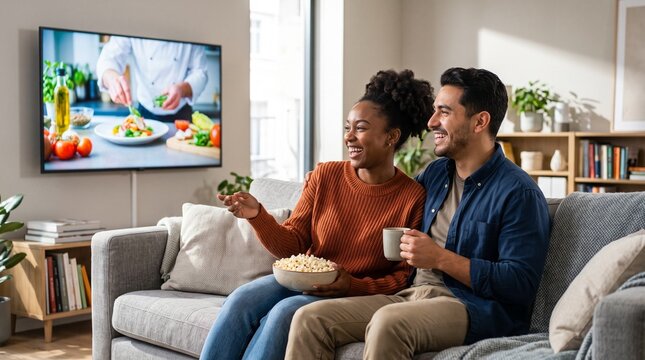 Couple watching cooking show, Young couple watching TV and eating popcorn together in modern living room  