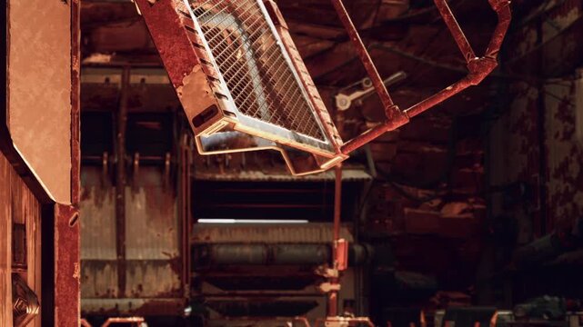An abandoned factory reveals rusting machinery and tools hanging from the ceiling. The warm hues of decay create a haunting yet captivating atmosphere, evoking times long past.