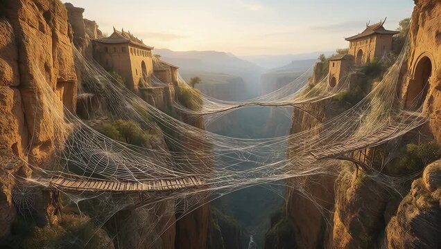 Majestic Sunrise Over Ancient Cliffside Village with Serene Bridge