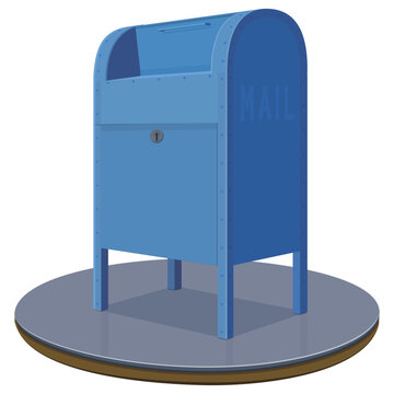 Classic blue street collection mailbox on circular pavement platform representing USPS postal delivery, mail dispatch, communication, and courier logistics (cut out)