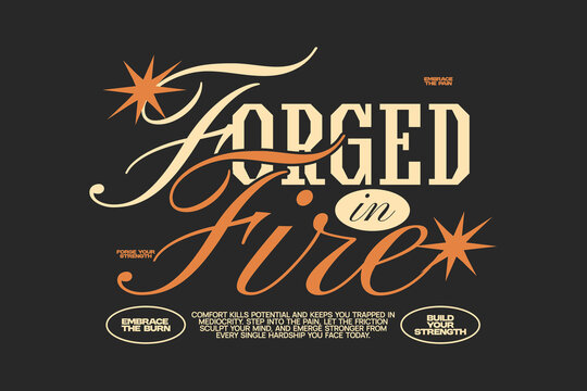 Forged in fire typography quote for apparel design, Lettering t-shirt design, Inspirational quotes poster design, Modern retro for print. Vector art graphic tees clothing brand.