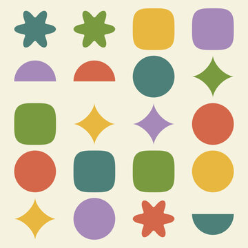 Set of colorful geometric shapes including rounded squares stars circles and semicircles