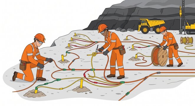 Flat Vector Illustration of Coal Mine Blasting Crew Tie Up Process
