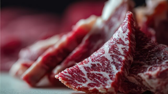 Closeup of marbled raw beef slices showing intricate fat patterns and freshness. Perfect for gourmet dishes, this shot highlights premium steak texture and color.