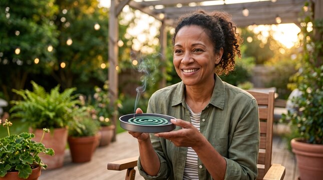 Person holding mosquito repellent coil, Middle aged black woman holding mosquito coil in backyard garden at sunset  