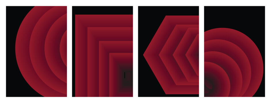 Set of Abstract Geometric Posters with Red Gradient Blend Effect on Black Background, Modern Minimalist Vector Cover Design Layouts