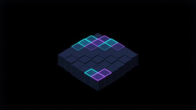 Abstract Neon Cube Matrix Wave Motion Background, Glowing Cyan and Purple Futuristic 3D Geometric Grid Surface Backdrop, 4K