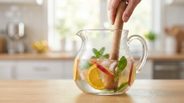 Water pitcher with muddler, Hand mixing citrus fruit and herb water in glass pitcher on kitchen counter  