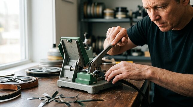 Vintage film splicer tool, Middle-aged man editing film reels with a splicer in a workshop  