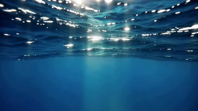 Underwater scene showing light beam penetrating ocean surface, illuminating water and rocky seabed, with shimmering reflections and ripples creating a serene aquatic atmosphere